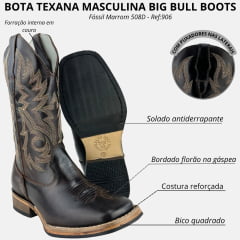 Bota Texana Masculina Big Bull Boots Bico Quadrado Fóssil Marrom Bordada 508D - Ref:906
