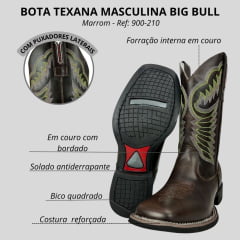 Bota Texana Masculina Big Bull Boots Couro Fóssil Marrom Bico Quadrado Com Bordado Cano Verde Ref:900-210 Verde