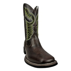 Bota Texana Masculina Big Bull Boots Couro Fóssil Marrom Bico Quadrado Com Bordado Cano Verde Ref:900-210 Verde