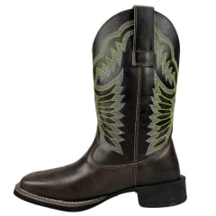 Bota Texana Masculina Big Bull Boots Couro Fóssil Marrom Bico Quadrado Com Bordado Cano Verde Ref:900-210 Verde