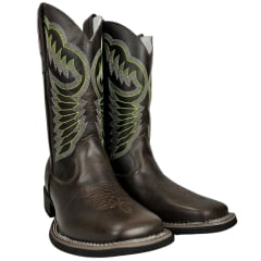 Bota Texana Masculina Big Bull Boots Couro Fóssil Marrom Bico Quadrado Com Bordado Cano Verde Ref:900-210 Verde