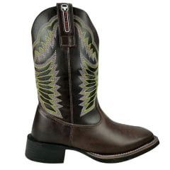 Bota Texana Masculina Big Bull Boots Couro Fóssil Marrom Bico Quadrado Com Bordado Cano Verde Ref:900-210 Verde