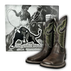 Bota Texana Masculina Big Bull Boots Couro Fóssil Marrom Bico Quadrado Com Bordado Cano Verde Ref:900-210 Verde