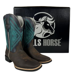 Bota Texana Masculina Bulls Horse Bico Quadrado Couro Crazy Horse/Dallas Café Marinho- Sola Texas- 002F Ref. 50006