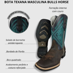 Bota Texana Masculina Bulls Horse Bico Quadrado Couro Crazy Horse/Dallas Café Marinho- Sola Texas- 002F Ref. 50006