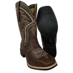 Bota Texana Masculina Caminhos da Roça Bico Quadrado Com Zíper Lateral Couro Chocolate/Café Com Bordados Ref.MA49