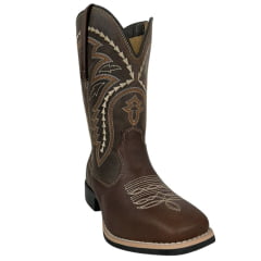 Bota Texana Masculina Caminhos da Roça Bico Quadrado Com Zíper Lateral Couro Chocolate/Café Com Bordados Ref.MA49