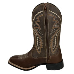 Bota Texana Masculina Caminhos da Roça Bico Quadrado Com Zíper Lateral Couro Chocolate/Café Com Bordados Ref.MA49