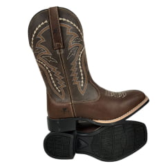 Bota Texana Masculina Caminhos da Roça Bico Quadrado Com Zíper Lateral Couro Chocolate/Café Com Bordados Ref.MA49