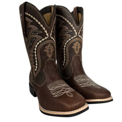 Bota Texana Masculina Caminhos da Roça Bico Quadrado Com Zíper Lateral Couro Chocolate/Café Com Bordados Ref.MA49