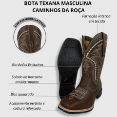 Bota Texana Masculina Caminhos da Roça Bico Quadrado Com Zíper Lateral Couro Chocolate/Café Com Bordados Ref.MA49