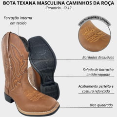 Bota Texana Masculina Caminhos Da Roça Bico Quadrado Couro Caramelo Bordado Ref: CA12