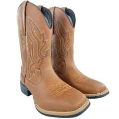 Bota Texana Masculina Caminhos Da Roça Bico Quadrado Couro Caramelo Bordado Ref: CA12