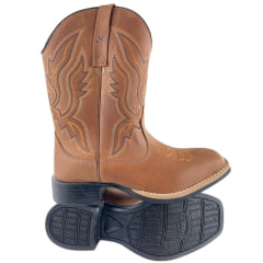 Bota Texana Masculina Caminhos Da Roça Bico Quadrado Couro Caramelo Bordado Ref: CA12
