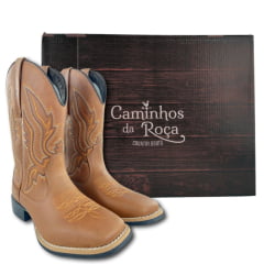 Bota Texana Masculina Caminhos Da Roça Bico Quadrado Couro Caramelo Bordado Ref: CA12
