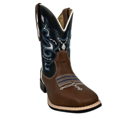 Bota Texana Masculina Caminhos da Roça Bico Quadrado Couro Chocolate/Preto Com Bordado Azul e Branco Ref.KA101-1