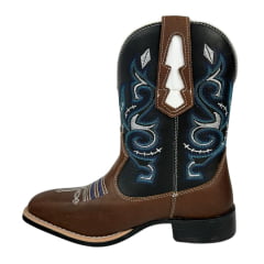 Bota Texana Masculina Caminhos da Roça Bico Quadrado Couro Chocolate/Preto Com Bordado Azul e Branco Ref.KA101-1