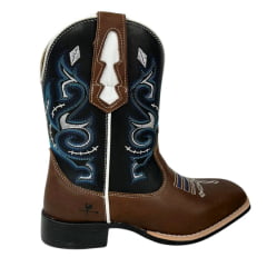 Bota Texana Masculina Caminhos da Roça Bico Quadrado Couro Chocolate/Preto Com Bordado Azul e Branco Ref.KA101-1