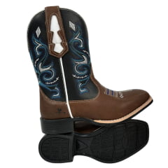 Bota Texana Masculina Caminhos da Roça Bico Quadrado Couro Chocolate/Preto Com Bordado Azul e Branco Ref.KA101-1