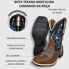 Bota Texana Masculina Caminhos da Roça Bico Quadrado Couro Chocolate/Preto Com Bordado Azul e Branco Ref.KA101-1