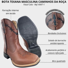 Bota Texana Masculina Caminhos Da Roça Bico Quadrado Couro Fóssil Cela Bordado Arame Ref: KA97-1