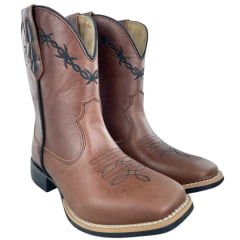 Bota Texana Masculina Caminhos Da Roça Bico Quadrado Couro Fóssil Cela Bordado Arame Ref: KA97-1