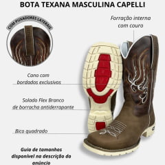 Bota Texana Masculina Capelli Boots Bico Quadrado Couro Rato Café/Branco Solado Texas Branco R.8076