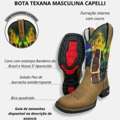 Bota Texana Masculina Capelli Boots Bico Quadrado Couro Tabaco/Aparecida/Bandeira Texas R.8074