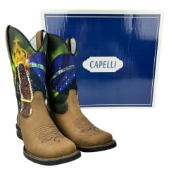 Bota Texana Masculina Capelli Boots Bico Quadrado Couro Tabaco/Aparecida/Bandeira Texas R.8074