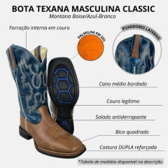 Bota Texana Masculina Classic Bico Quadrado Couro Montana Boise/Azul-Branco