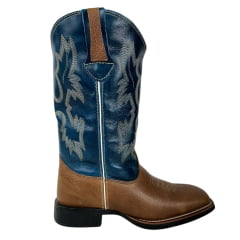 Bota Texana Masculina Classic Bico Quadrado Couro Montana Boise/Azul-Branco