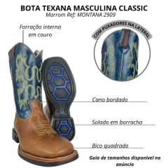 Bota Texana Masculina Classic Couro Montana Fóssil Azul Amarelo Bordada Ref: MONTANA 2909