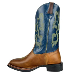 Bota Texana Masculina Classic Couro Montana Fóssil Azul Amarelo Bordada Ref: MONTANA 2909