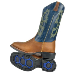 Bota Texana Masculina Classic Couro Montana Fóssil Azul Amarelo Bordada Ref: MONTANA 2909