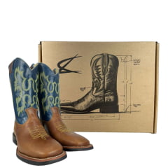 Bota Texana Masculina Classic Couro Montana Fóssil Azul Amarelo Bordada Ref: MONTANA 2909