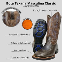 Bota Texana Masculina Classic Bico Quadrado Couro Montana Calvert/ Café Azul Sola Preto/Azul Ref:2909