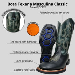 Bota Texana Masculina Classic Bico Quadrado Couro Preto/Azul Ref: 2909