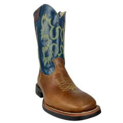 Bota Texana Masculina Classic Couro Montana Fóssil Azul Amarelo Bordada Ref: MONTANA 2909