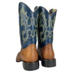 Bota Texana Masculina Classic Couro Montana Fóssil Azul Amarelo Bordada Ref: MONTANA 2909