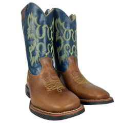 Bota Texana Masculina Classic Couro Montana Fóssil Azul Amarelo Bordada Ref: MONTANA 2909