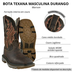 Bota Texana Masculina Durango Couro Marrom Cano Bordado Marrom/Branco Vermelho Solado Work