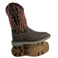 Bota Texana Masculina Durango Couro Marrom Cano Bordado Marrom/Branco Vermelho Solado Work