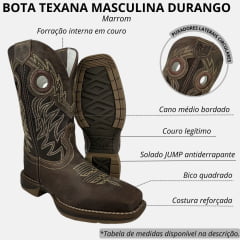 Bota Texana Masculina Durango Bico Quadrado Jump Couro Marrom Com Bordado Em Creme