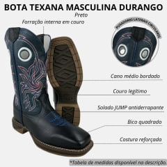 Bota Texana Masculina Durango Bico Quadrado Jump Couro Preto/Cano Azul Com Bordado Vermelho/Azul/Branco