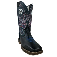 Bota Texana Masculina Durango Bico Quadrado Jump Couro Preto/Cano Azul Com Bordado Vermelho/Azul/Branco