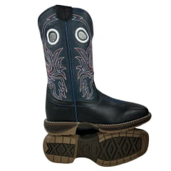 Bota Texana Masculina Durango Bico Quadrado Jump Couro Preto/Cano Azul Com Bordado Vermelho/Azul/Branco