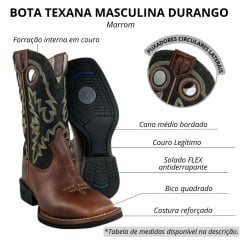 Bota Texana Masculina Durango Kit Flex Couro Caramelo Escuro Cano Preto Com Bordado Creme