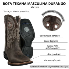 Bota Texana Masculina Durango Kit Flex Couro Marrom Cano Bordado Em Cru E Marrom