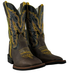 Bota Texana Masculina Durango Kit Flex Couro Marrom Cano Preto Com Bordado Amarelo E Branco