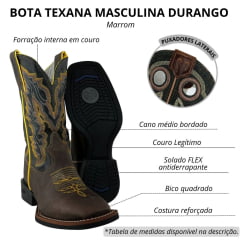 Bota Texana Masculina Durango Kit Flex Couro Marrom Cano Preto Com Bordado Amarelo E Branco